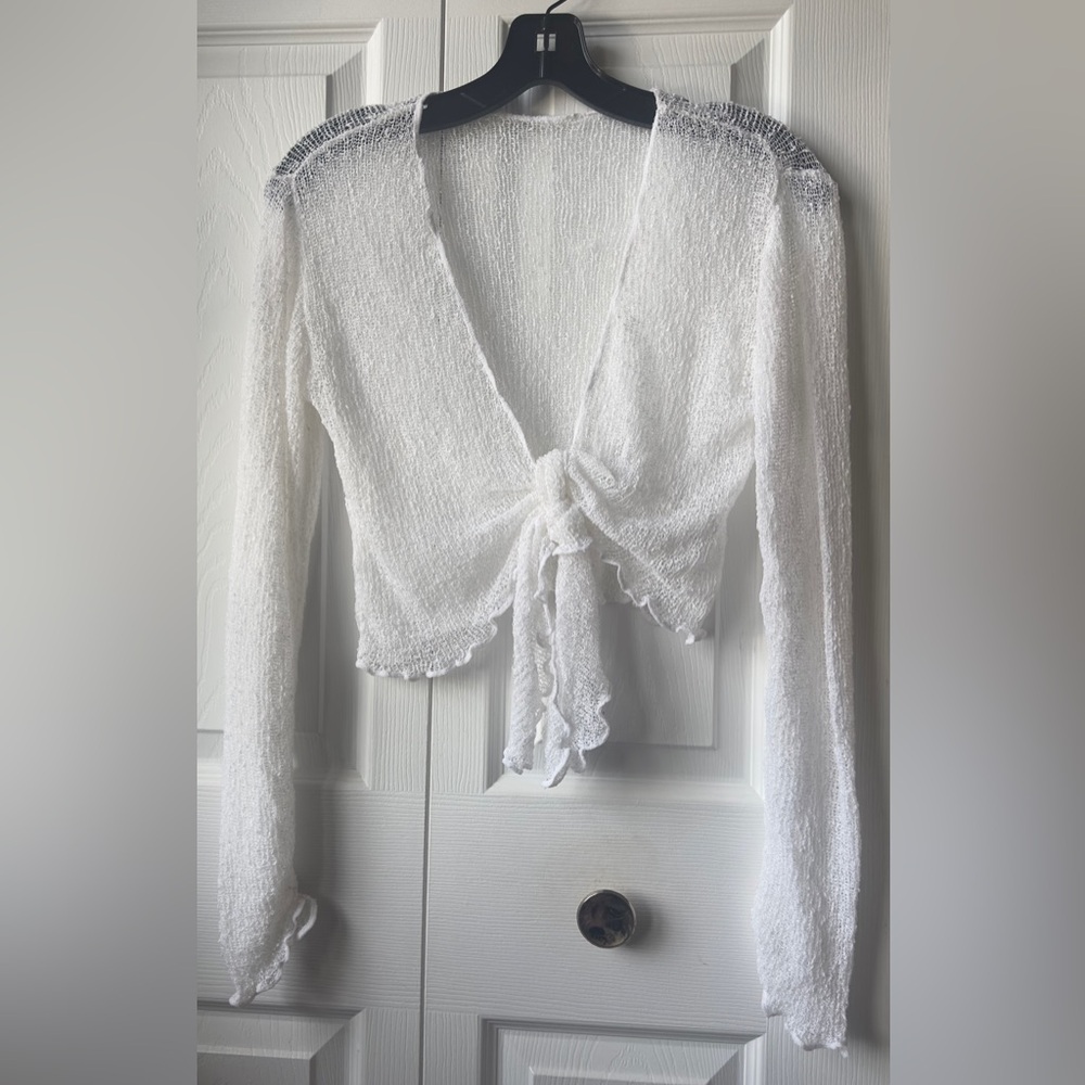 Sheer White Shrug Cardigan – Boho Gauze Stretch Knit Fairycore Cottage